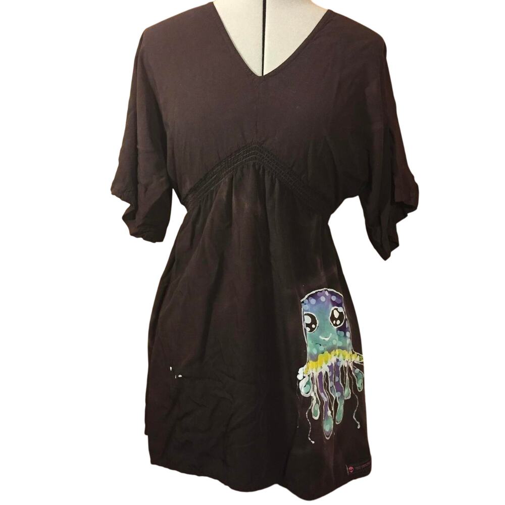 Womens Top Medium Black Cinch Waist Tunic Flowy Handcrafted Batik